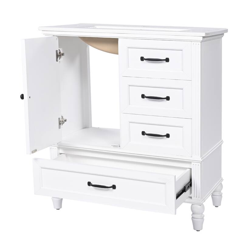 30" Bathroom Vanity with Sink, Bathroom Cabinet with A Door, Three Drawers, Solid Wood Legs & MDF Board, Adiustable Foot Pads