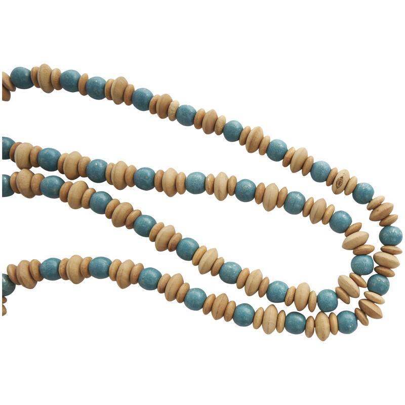 Mango Wood Handmade Round Long Carved Beaded Garland with Tassel with Brown Beaded Disks - Teal - Roche River Decor