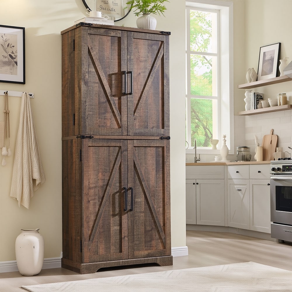 Farmhouse Wood Pantry Cabinet with Barn Doors, Adjustable Shelves