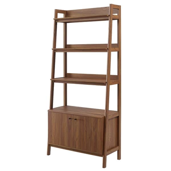 Balsam 5-Shelf Ladder Walnut Wooden Bookcase with Storage Cabinet - Bed ...