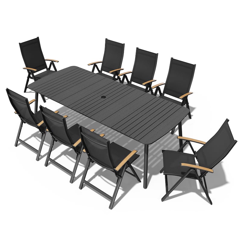 7/9PC Patio Dining Table Rectangular Aluminum Outdoor Table with Folding Chairs