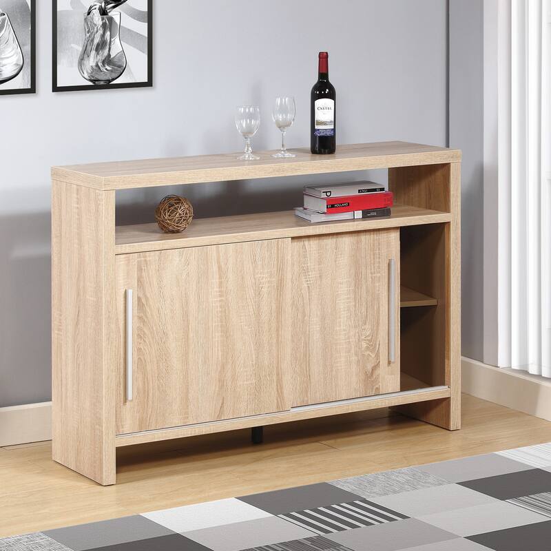 Sliding Door Buffet Coffee Bar with Adjustable Shelves for Kitchen or Living Room Storage - Natural Wood