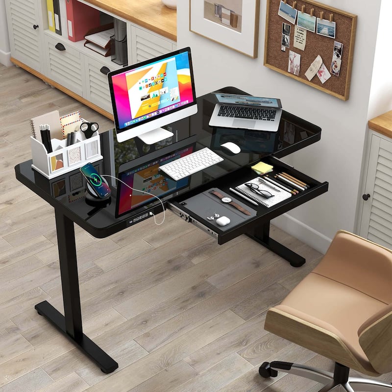 Costway 48" x 24" Whole-Piece Glass Standing Desk w/Drawers Writable