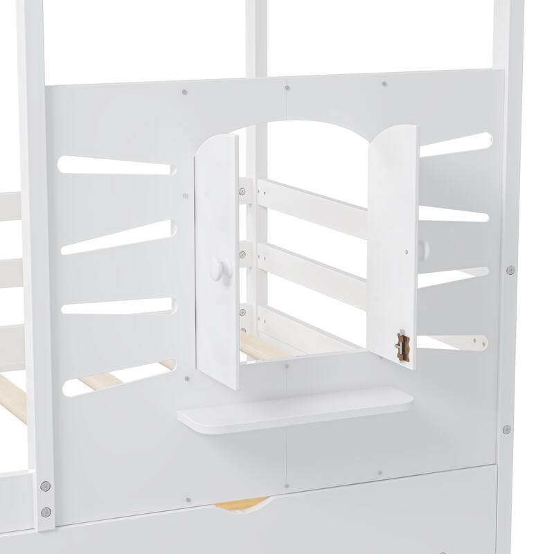 Twin Size House Bed Wood Kids Bed Frame with 2 Storage Drawers, Window and Guardrails for Bedroom, Easy Assembly