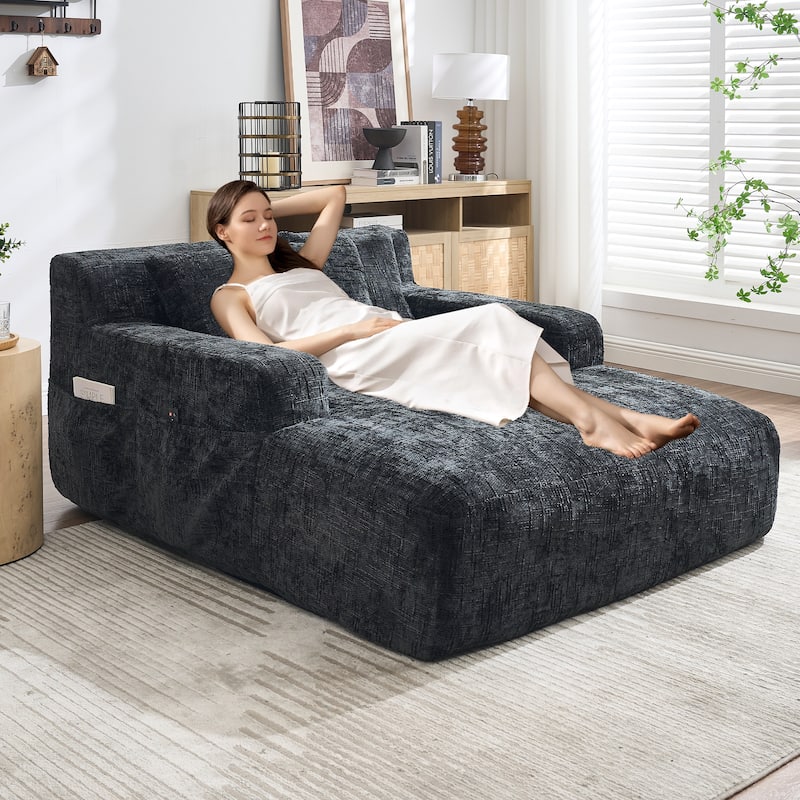 Chenille Interior Lazy Sofa Chaise Longue Armchair With Three Pillows And Armrestssleeping Sofa Bed - Black
