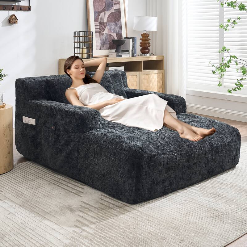 Chenille Lazy Sofa Chaise Lounge with Pillows - Convertible Armchair with Armrests, Multi-Position Sleeper for Living Room - Black