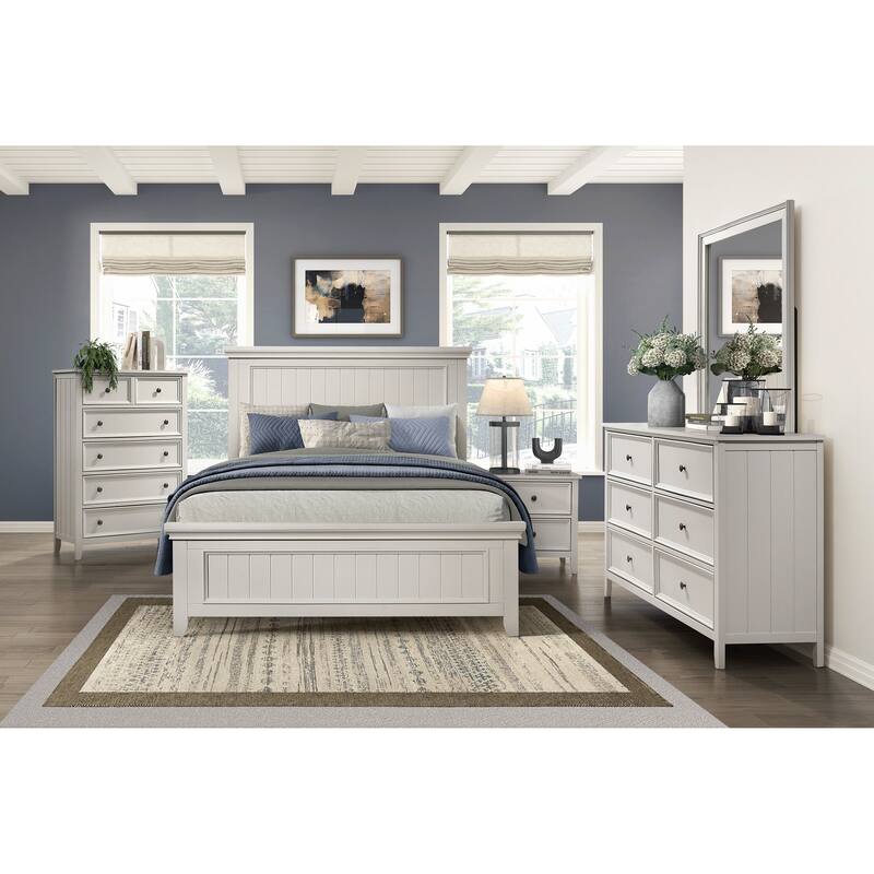 Classic White Farmhouse Queen Size Panel Bed with Wooden Finish