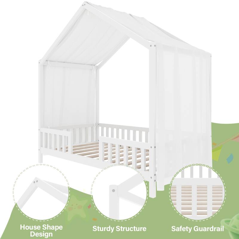 Montessori House Bed with Canopy, Twin/Full Kids Floor Bed Frame with High Railings, Wooden Roof Bed for Toddlers and Children