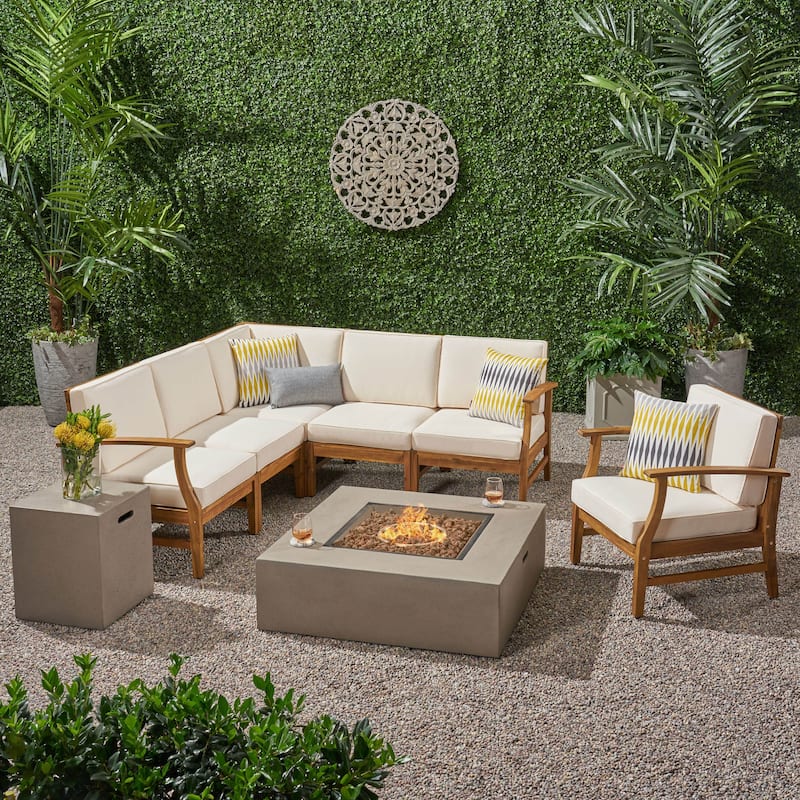 Illona Outdoor Acacia Sofa Set by Christopher Knight Home - Teak + Crème + Light Gray