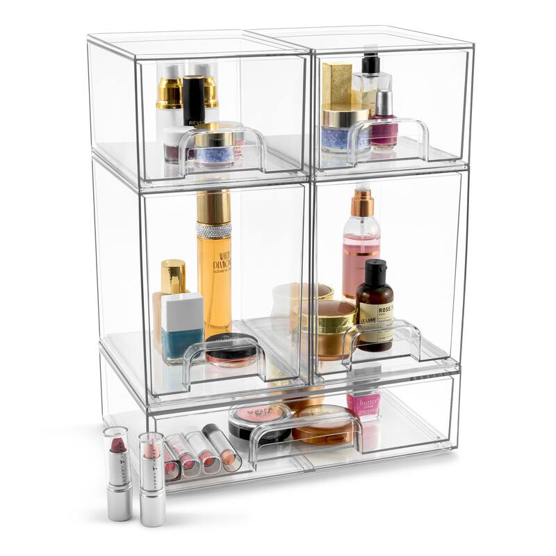 Sorbus Acrylic Storage Containers with Pull-Out Drawers - 5 Pack, 3 Sizes Clear Stackable Storage Bins Set - 7.6 x 6 x7.5 in - Makeup Organizers