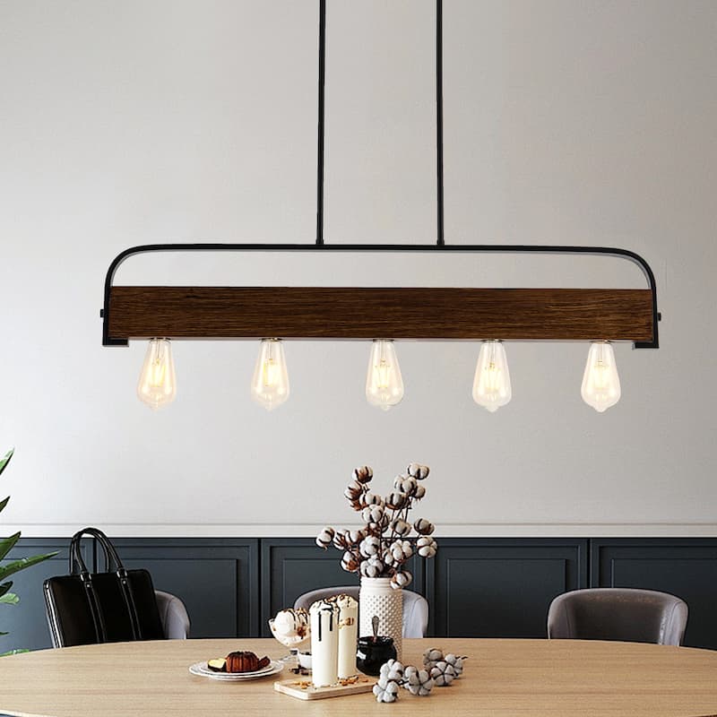 35.82-inch 5-light modern minimalist double-rod metal pendant lamp with adjustable height - Black and Brown