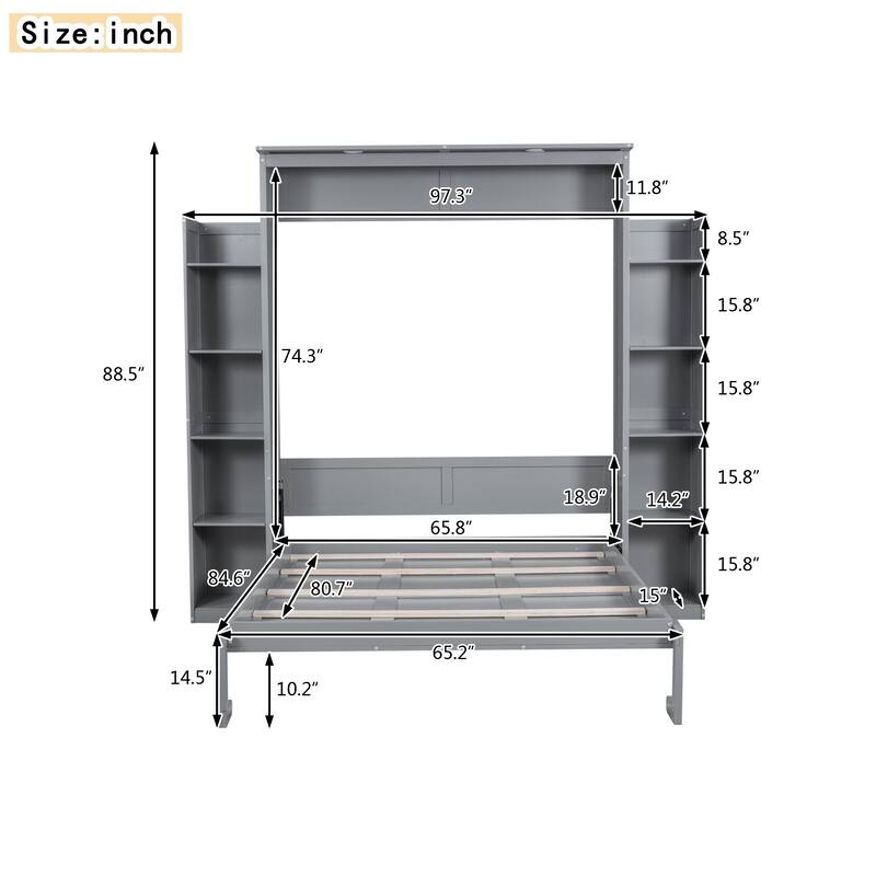 Queen Size Wooden Wall Murphy Bed with Side Bookshelf & LED Lights