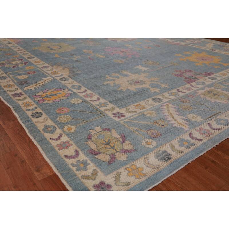 Hand Knotted Oriental 100% Wool Carpet Transitional All-Over Navy Blue & Blues Oushak Area Rug - 12' 9'' X 9' 1''