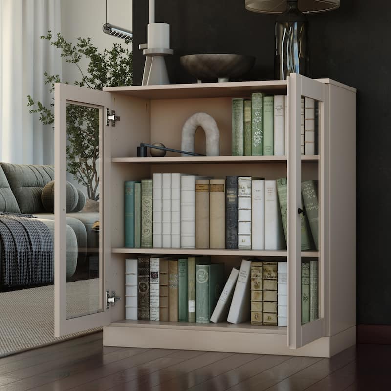 Palace Imports 100% Solid Wood 3-Shelf Bookcase, Clear Glass Doors, Adjustable Shelves, 32" Wide, 35.75" Tall