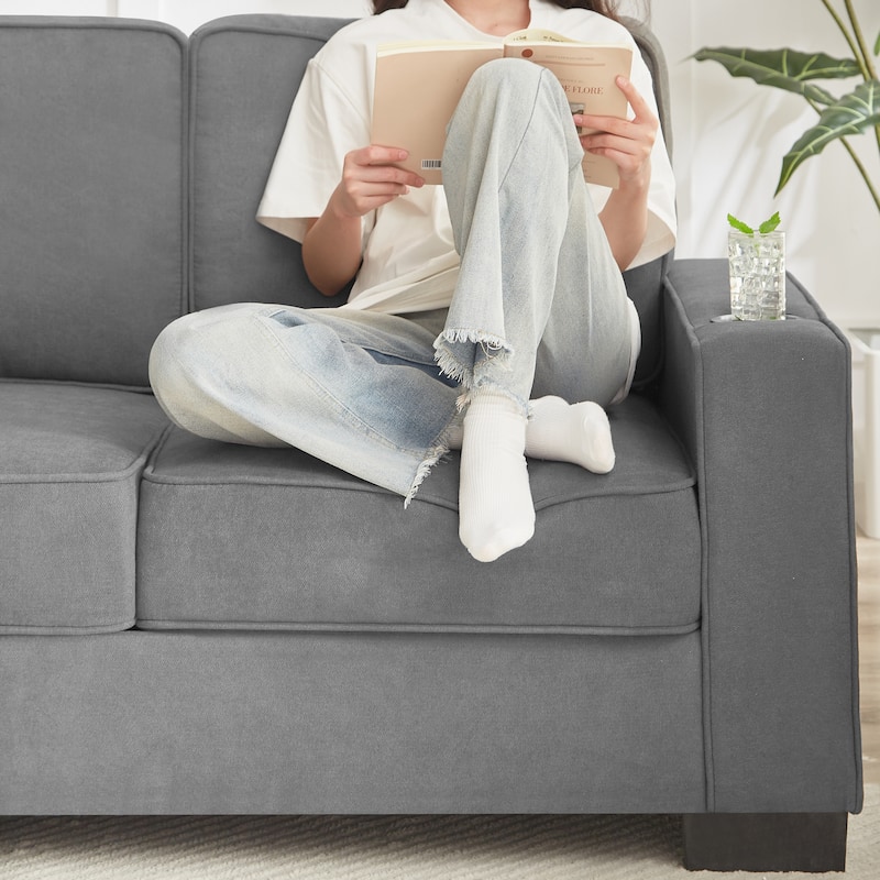 Snowfleece Fabric Cloud Sofa, Upholstered 3 Seater Sofa with Square Armrests, Compressed Couch with 2 Cup Holders