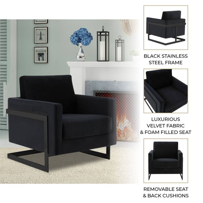 LeisureMod Lincoln Modern Velvet Arm Chair with Black Steel Frame - 35"