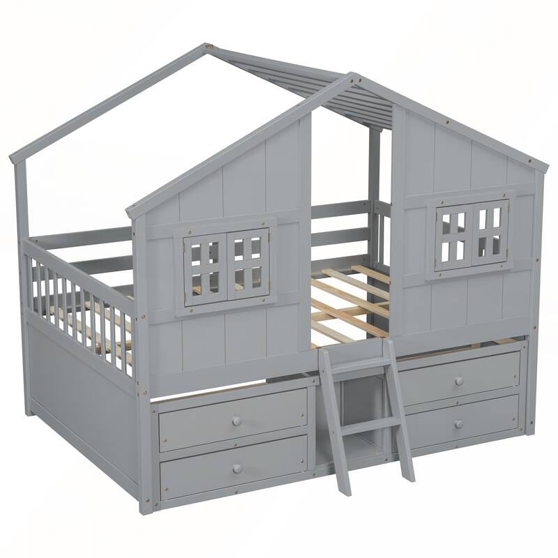Full Size House Loft Bed with 4 Storage Drawers and Safety Guardrails