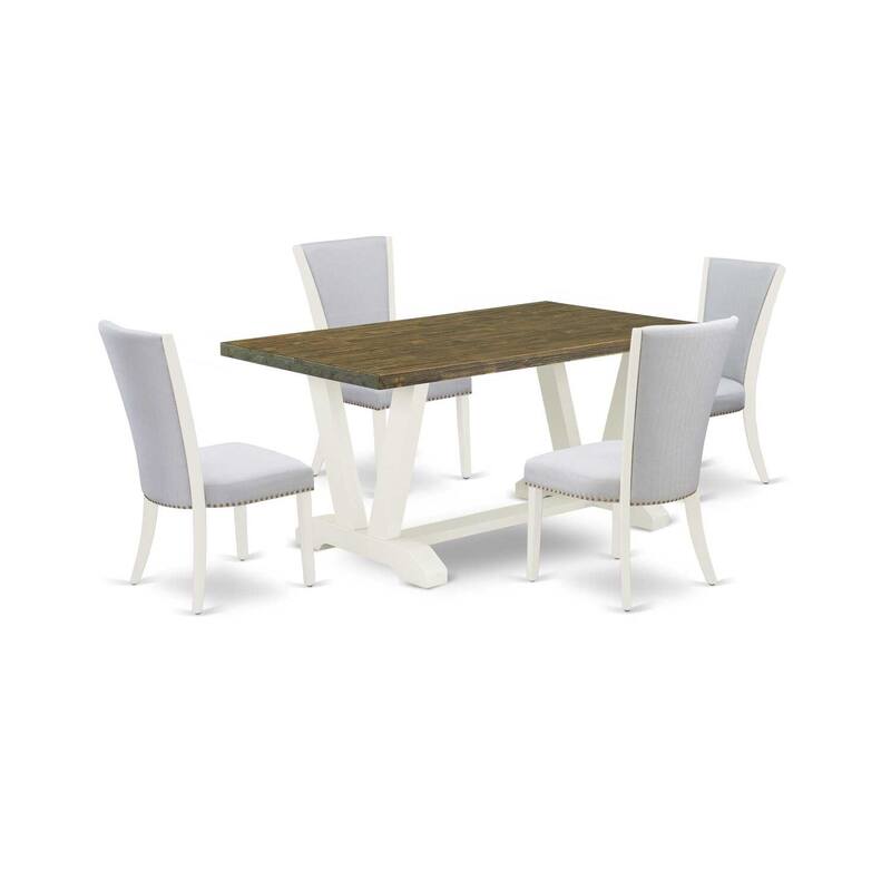 HomeStock 5-Piece Rectangle Distressed Jacobean Finish Solid Wood Top Dining Table with 4 Upholstered Chairs
