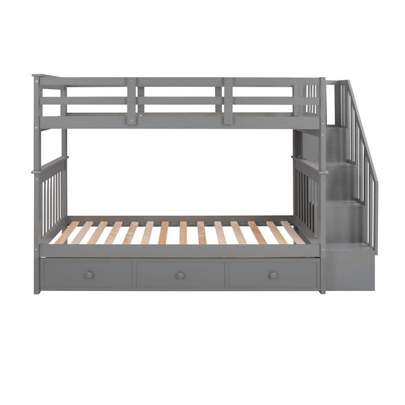 Twin-Over-Twin Bunk Bed with Drawers and Storage Stairs, Gray
