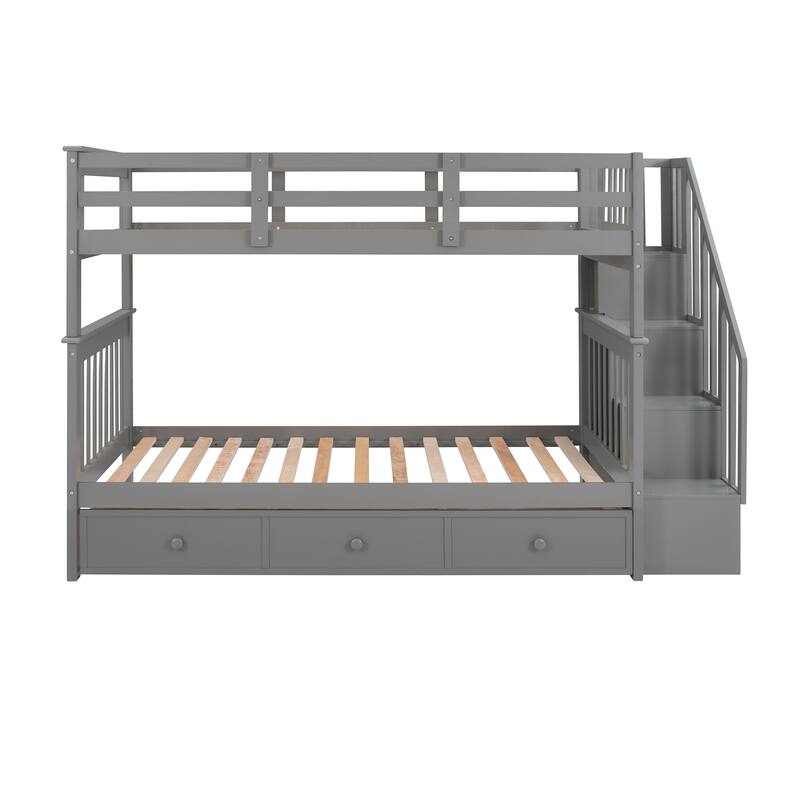 Twin Over Twin Bunk Bed with Stairs and Three Drawers, Wood Frame for Kids' Bedroom