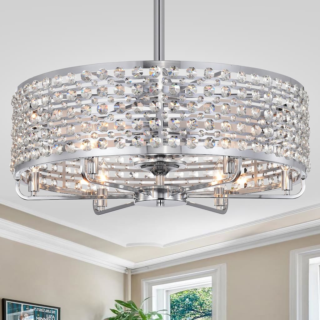 Julian Chrome 28-Inch 6-Light Metal & Crystal Drum Shade Lighted Ceiling Fan (Includes Remote)