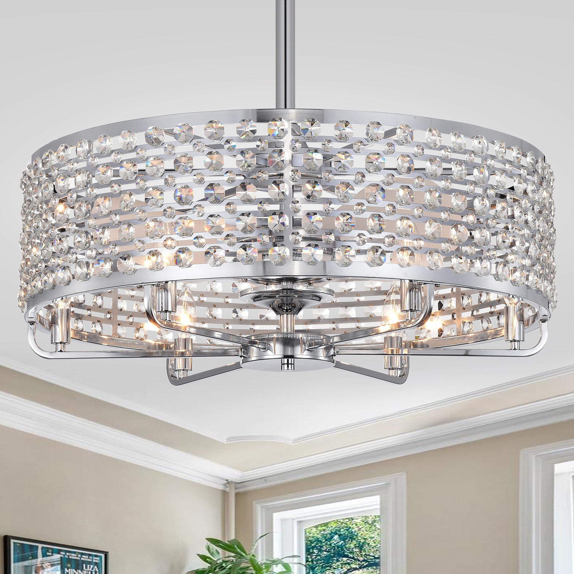 Warehouse of Tiffany Julian Chrome 28-Inch 6-Light Metal & Crystal Drum Shade Lighted Ceiling Fan (Includes Remote)