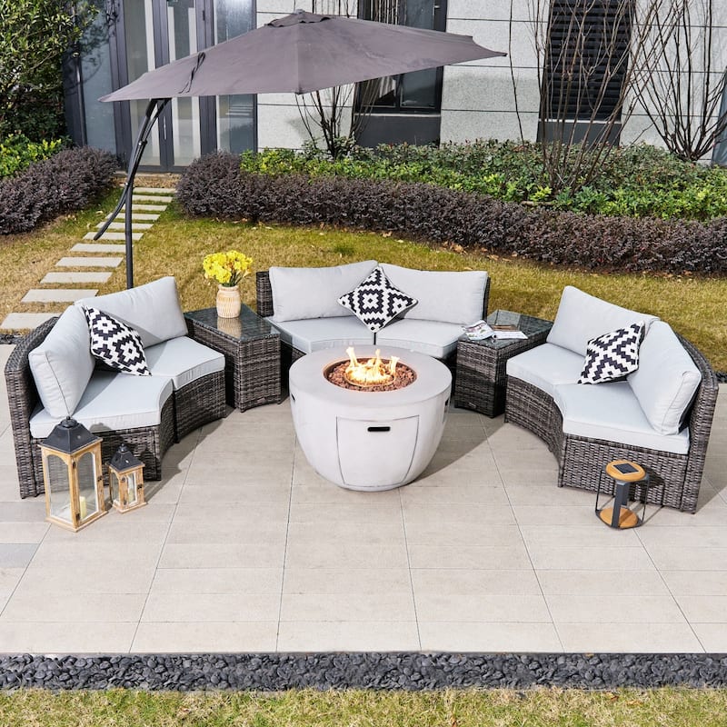 9-Piece Modular Patio PE Rattan Sofa Set with 50000BTU Terrafab Composite Fire Pit Table - Semi-Circular Shape