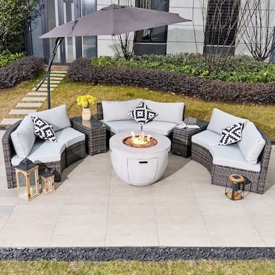 9-Piece Modular Patio PE Rattan Sofa Set with 50000BTU Terrafab Composite Fire Pit Table