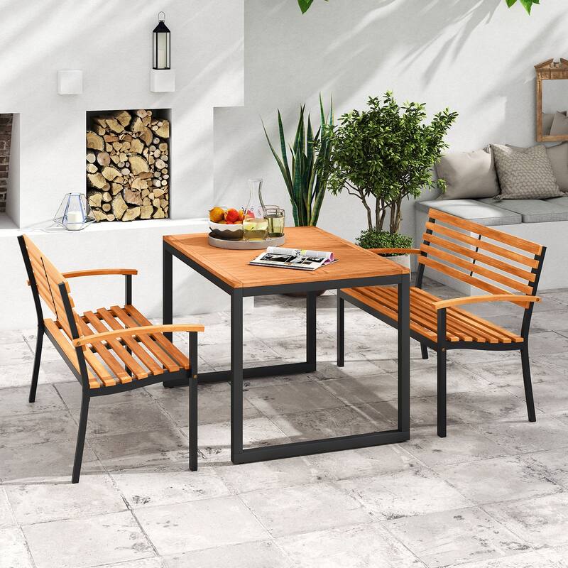 Gymax Outdoor Bench Acacia Wood Patio Loveseat w/ Backrest Armrests