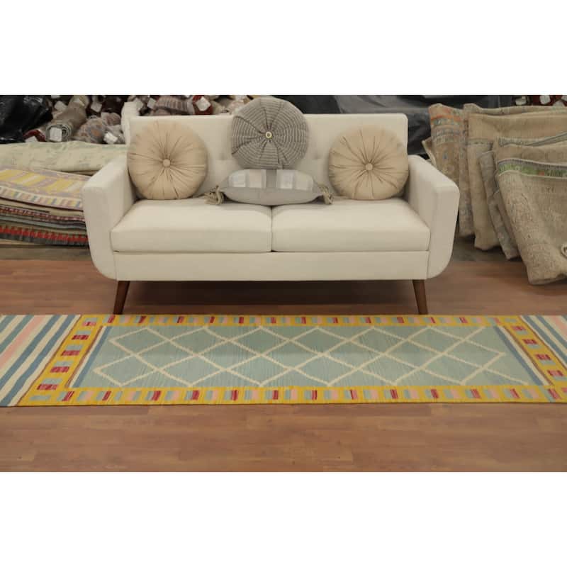 Hand Woven Oriental 100% Wool Carpet Southwestern Tribal Navy Blue & Blues Kilim Runner Rug - 8' 9'' X 2' 6''