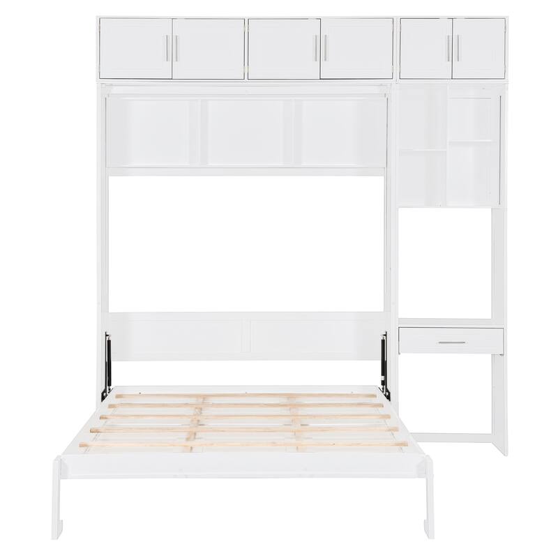 Queen Size Solid Wood Murphy Bed with Built-In Desk, Cabinets & Shelves, Foldable Wall Bed, Multifunctional Storage