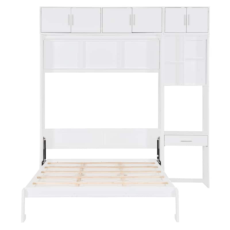 Space-Saving Queen Murphy Bed with Desk, Storage Shelves and Top Cabinets, Foldable Wall Bed in White