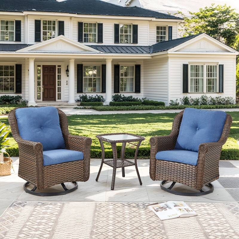 Pocassy Wicker Patio Conversation Set for Backyard - Blue Cushion - 3PCS Swivel Chairs with Side Table