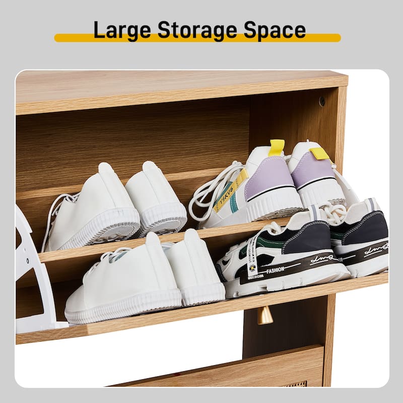 Wooden 2 Tier Flip Down Shoe Cabinet with Natural Rattan Arched Fronts Slim Design and 8 Compartments for 12 to 16 Pairs