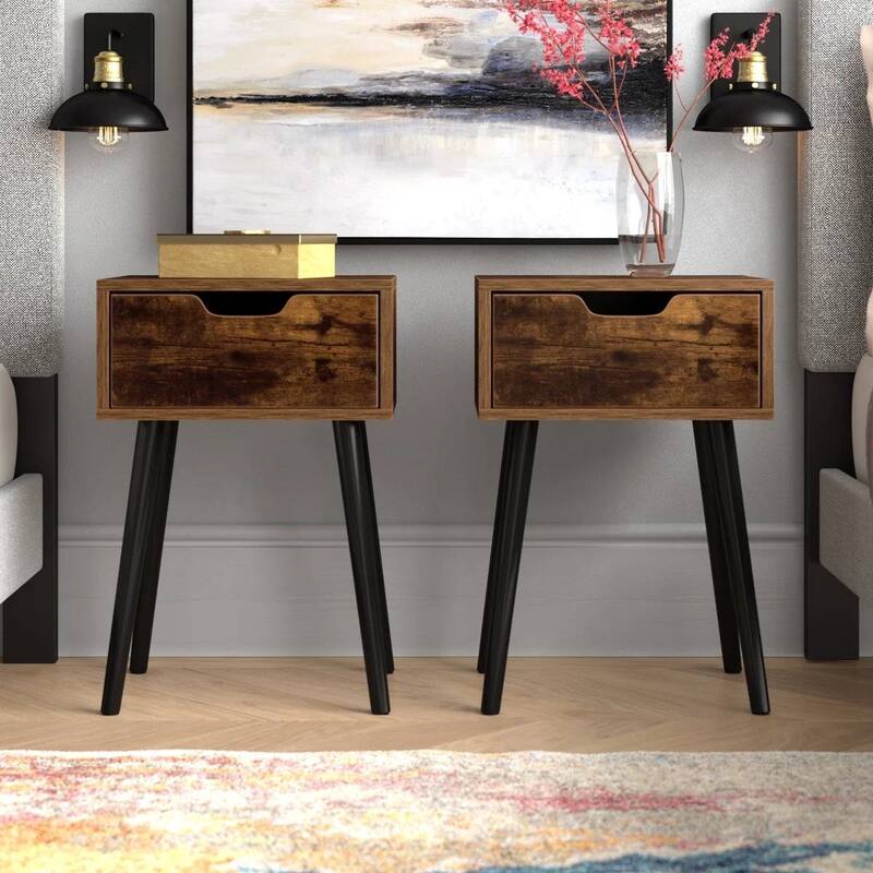 Set of 2 Modern Mid Century Farmhouse Nightstand End Tables with Single Drawer and Black Tapered Legs