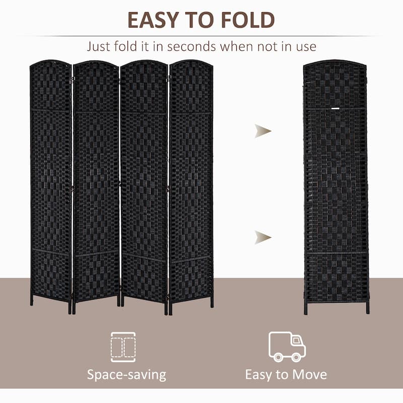 HomCom 6' Tall Wicker Weave Four Panel Room Divider Privacy Screen - Black Wood