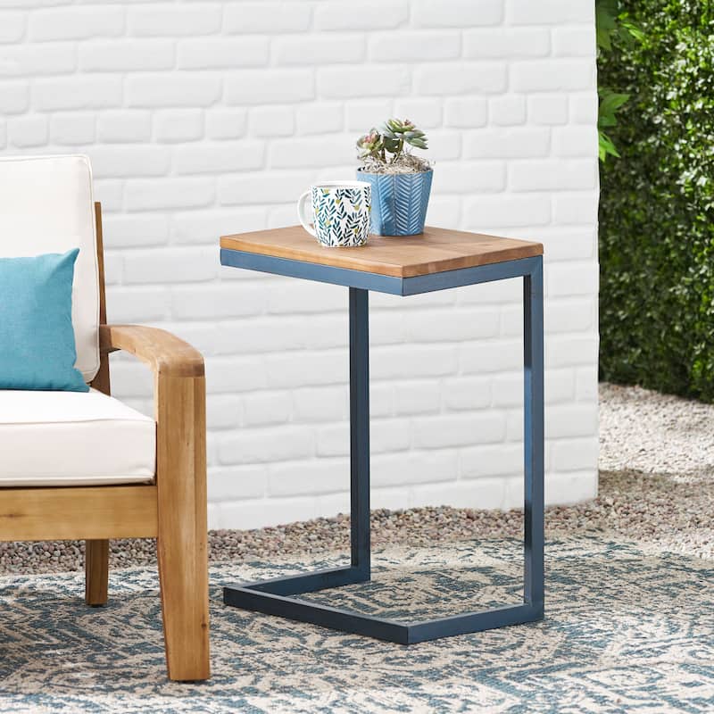 Roomfitters C-Shaped Side Table, Industrial End Table with Natural Wood Top and Blue Metal Frame for Sofa or Bedside, Natural