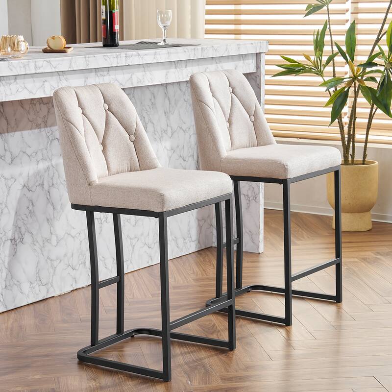 Bar Stool Set of 2, Upholstered Bar Stool with Button-Tufted Backrest, Counter Height Armless Chair with Sturdy Metal Frame