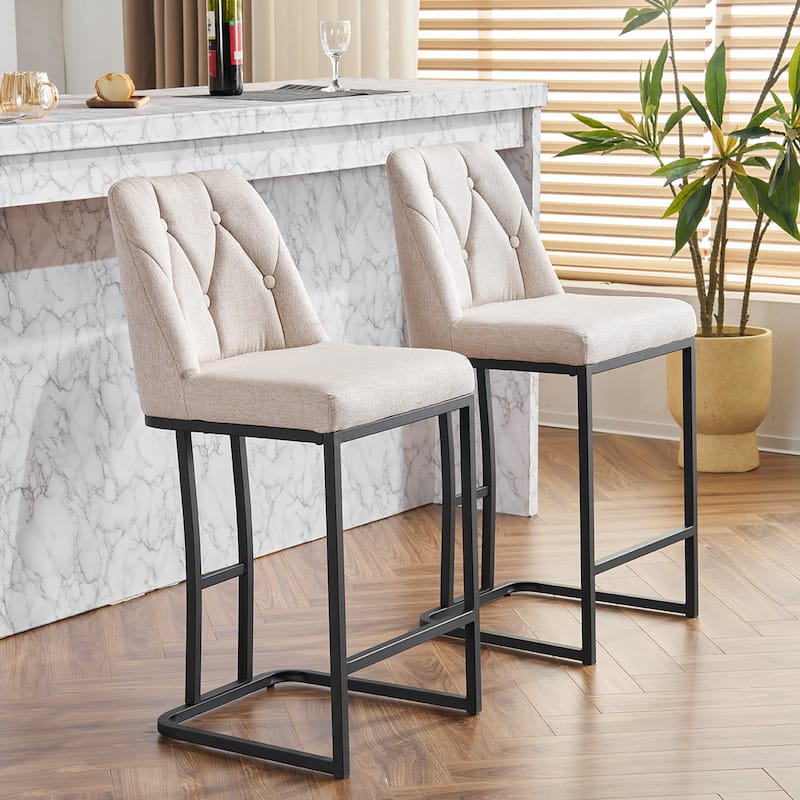 Counter Height Bar Stools Set of 2, 25.2'' Upholstered Bar Stools with Button-Tufted Backrest & Metal Frame for Kitchen, Bar