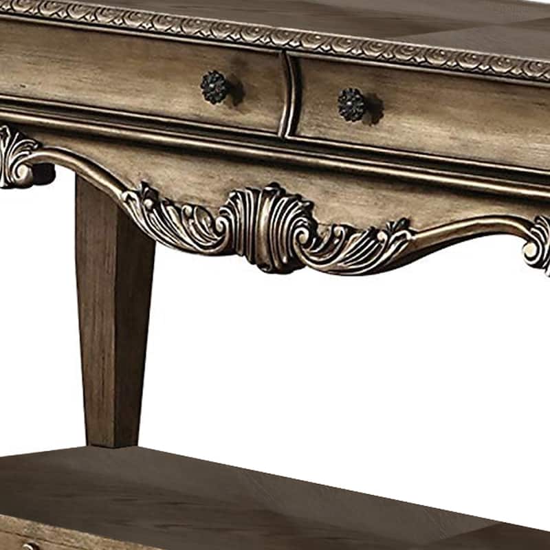 Wooden Sofa Table With Two Drawers And Bottom Shelf, Vintage Oak Brown