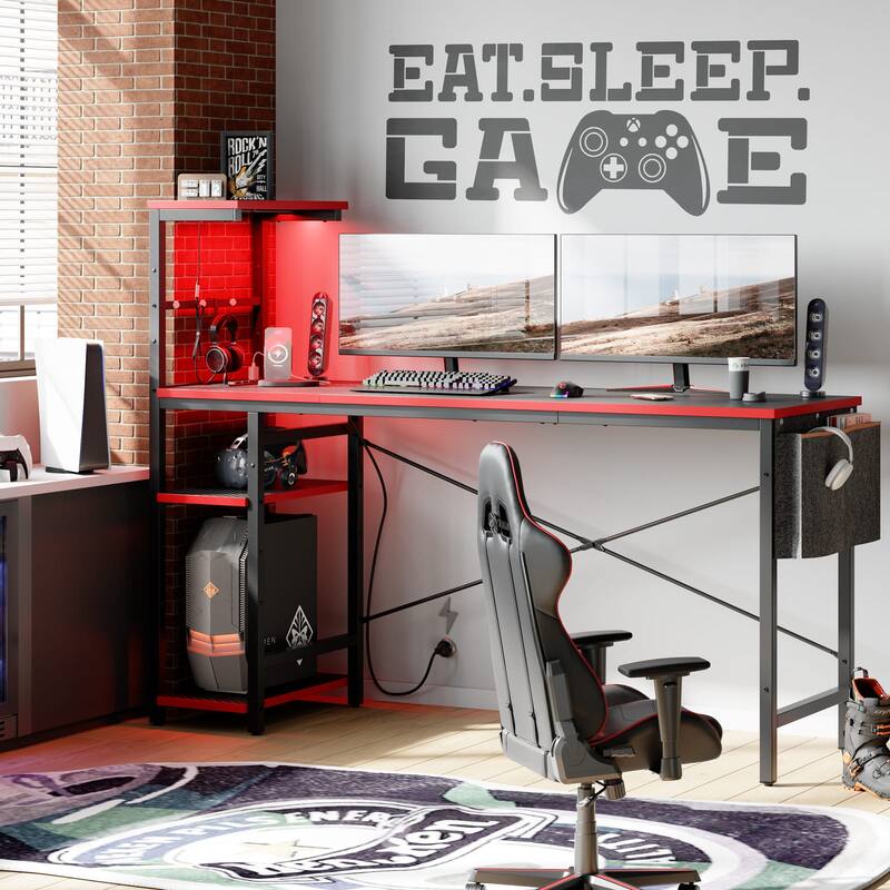 61" Gaming Desk Computer Desk with LED Lights Storage Shelves and Side Bag Home Office Desk - 61 inches with Outlet - Black Carbon Fiber