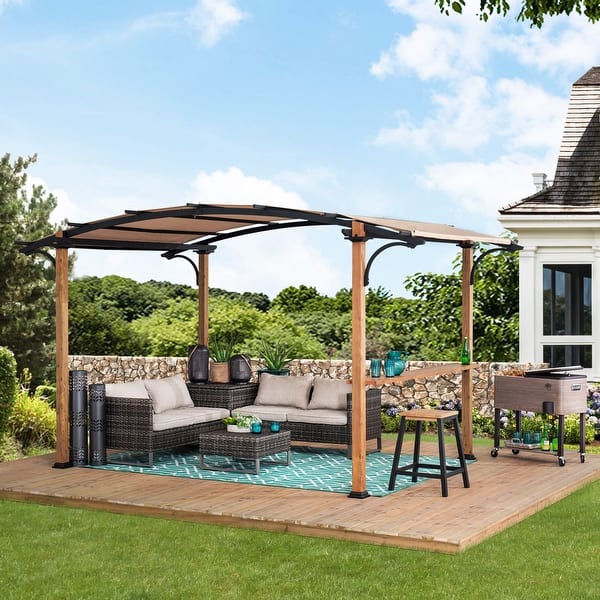 Shop Sunjoy Steel Arched Pergola With Faux Wood Finish 10 Ft X 7 75 Ft Overstock 30581608