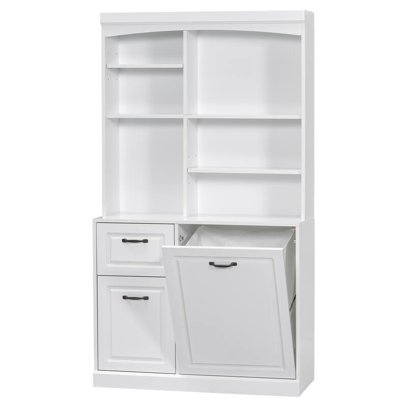 Modern Bathroom Cabinet, Freestanding Linen Tower with Slanted Storage Basket 2 Drawers and Adjustable Shelves, for Bathroom