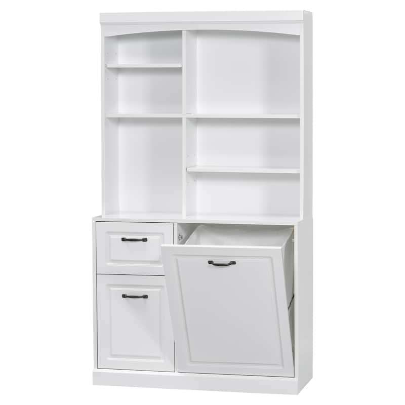 Roomfitters Bathroom Cabinet with Tilt-Out Hamper Adjustable Shelves Drawers and Tall Freestanding MDF Tower, White