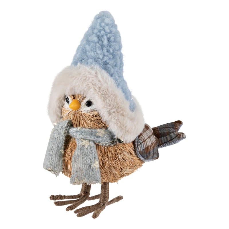 Woodland Standing Bird with Plush Winter Hat Christmas Figure - 7.5"
