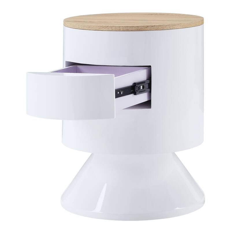 White High Gloss Drum Nightstand with Manual Close Drawer