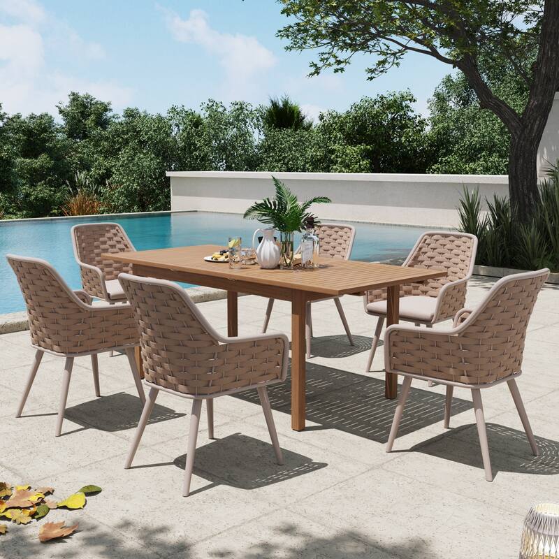 Outdoor Extendable Acacia Dining Set with 6 Rope-Back Chairs