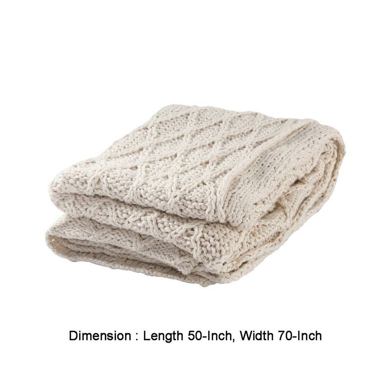 Lyla 50 Inch Cotton Throw Blanket, Hand Knitted Diamond Pattern, White