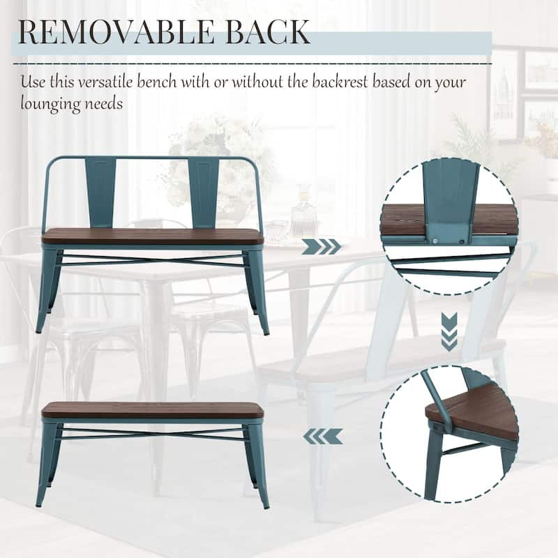 EROMMY 42in Metal Bench Industrial Mid-Century 3 Person Chair with Wood Seat, Dining Bench with Floor Protector - 42"