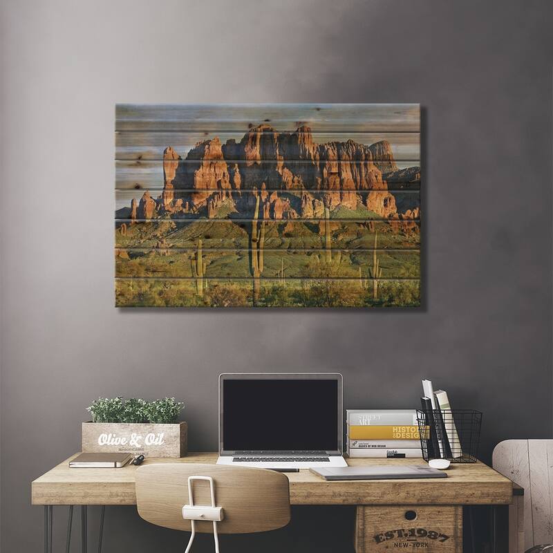 Saguaro Cacti And Superstition Mountains, Lost Dutchman State Park, Arizona II Print On Wood by Tim Fitzharris - Multi-Color